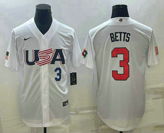 Mens USA Baseball #3 Mookie Betts Number 2023 White World Baseball Classic Replica Stitched Jerseys